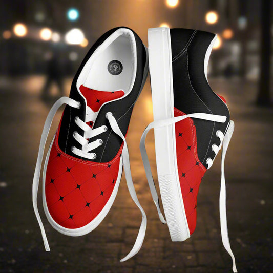 Women’s Custom Lace-up Canvas Shoes Red with a Black Diamond Geometric Pattern Two Tone Design