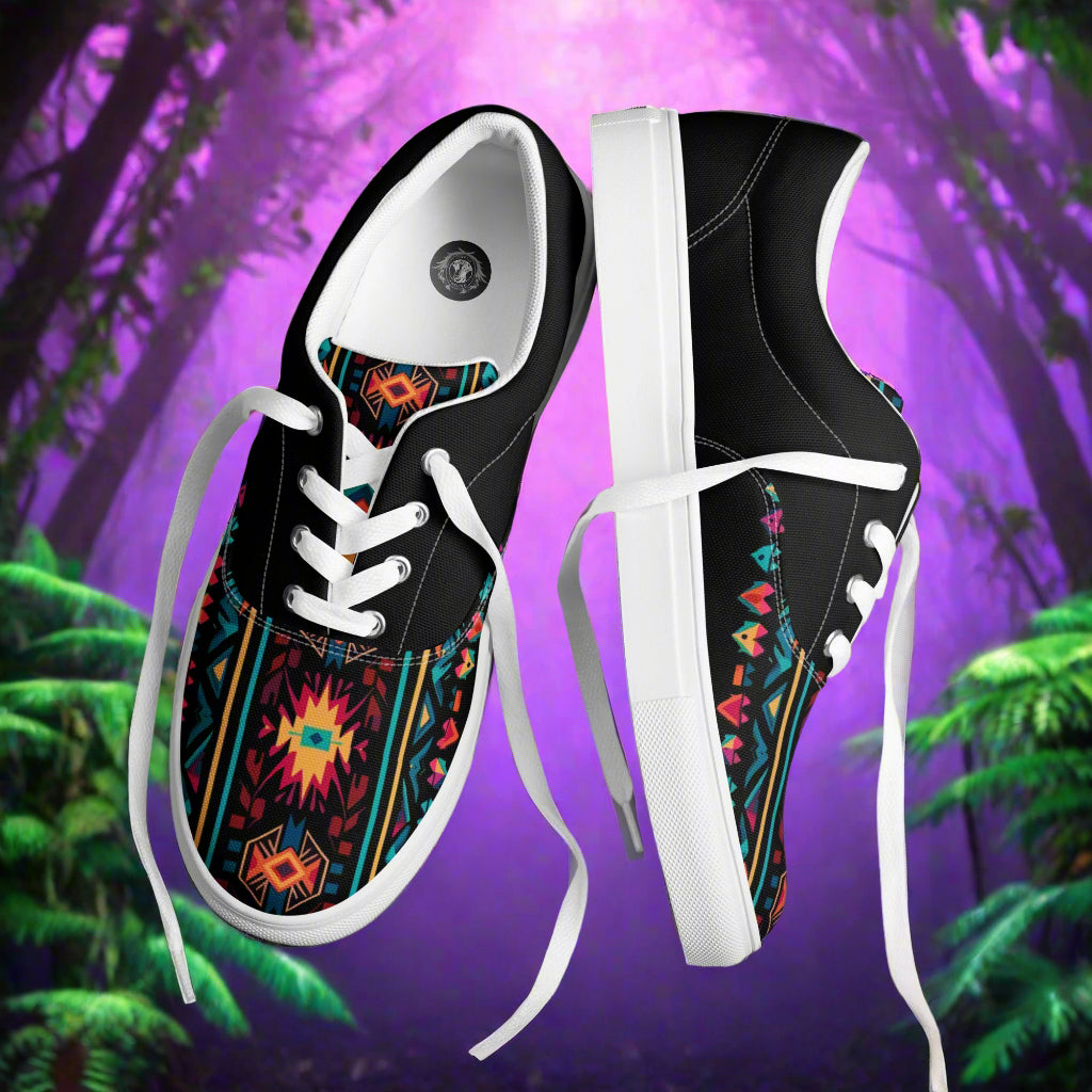 Women’s Southwest Print Custom Lace-up Canvas Shoes, Native American Geometric Pattern - Ixtlan Two Tone