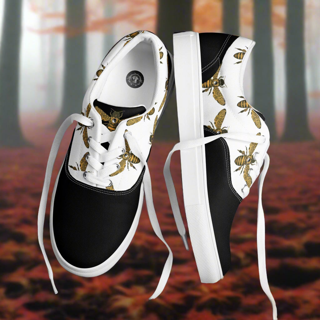 WildSage Market lace-up canvas shoes featuring bee print two tone design with white and black sections