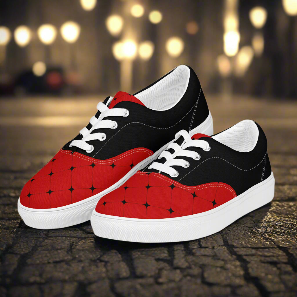 Women’s Custom Lace-up Canvas Shoes Red with a Black Diamond Geometric Pattern Two Tone Design