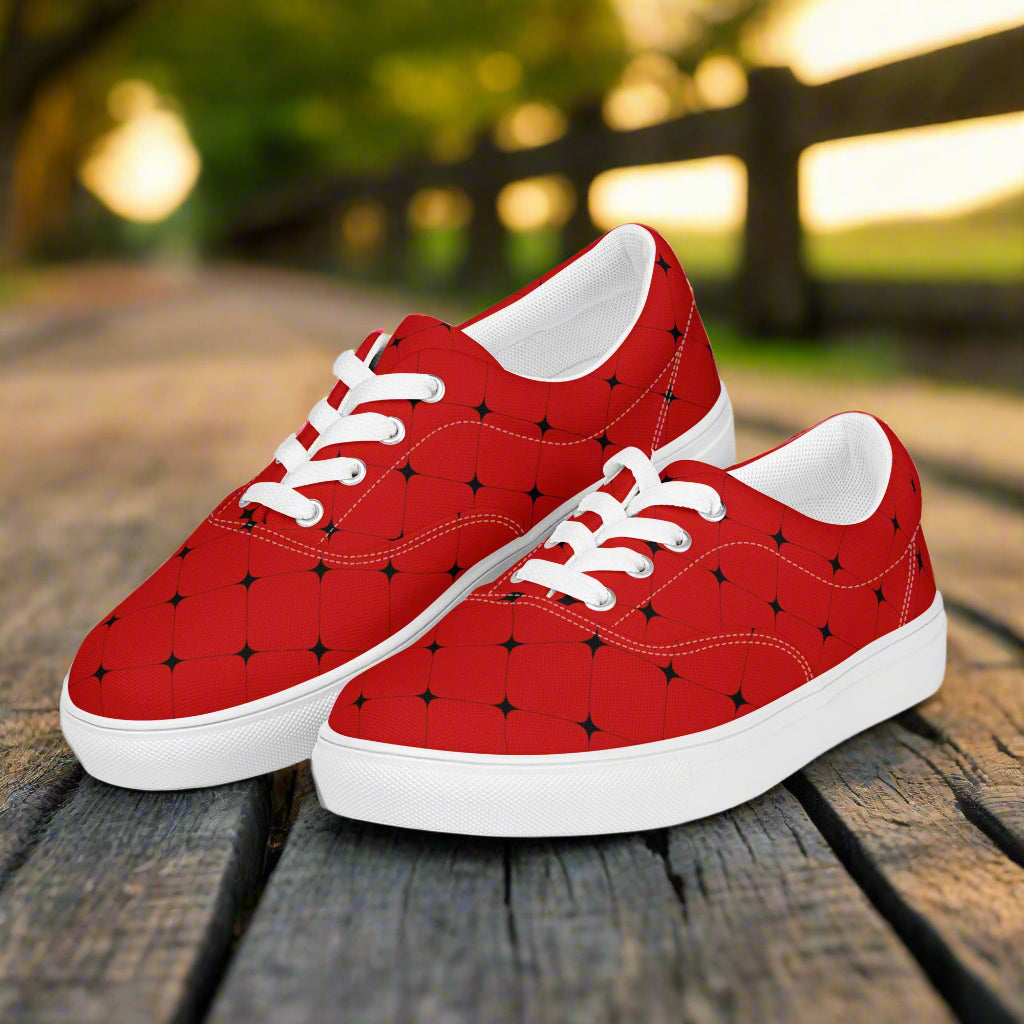Women’s Custom Black and Red Lace-up Canvas Shoes Black Diamond Geometric Pattern