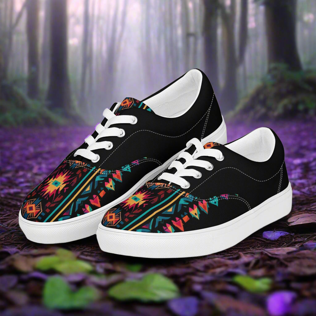 Women’s Southwest Print Custom Lace-up Canvas Shoes, Native American Geometric Pattern - Ixtlan Two Tone