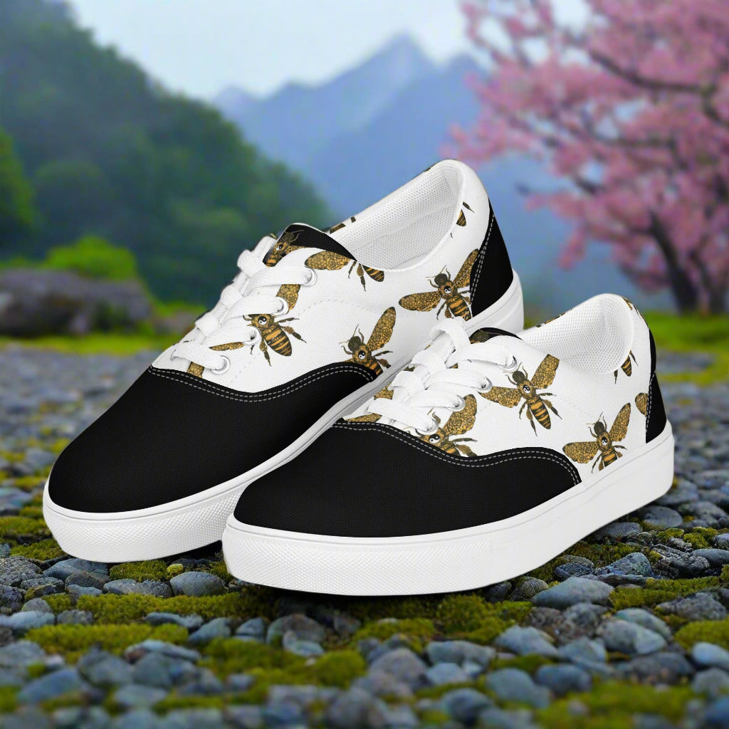 WildSage Market lace-up canvas shoes with bee print two tone design in black and white