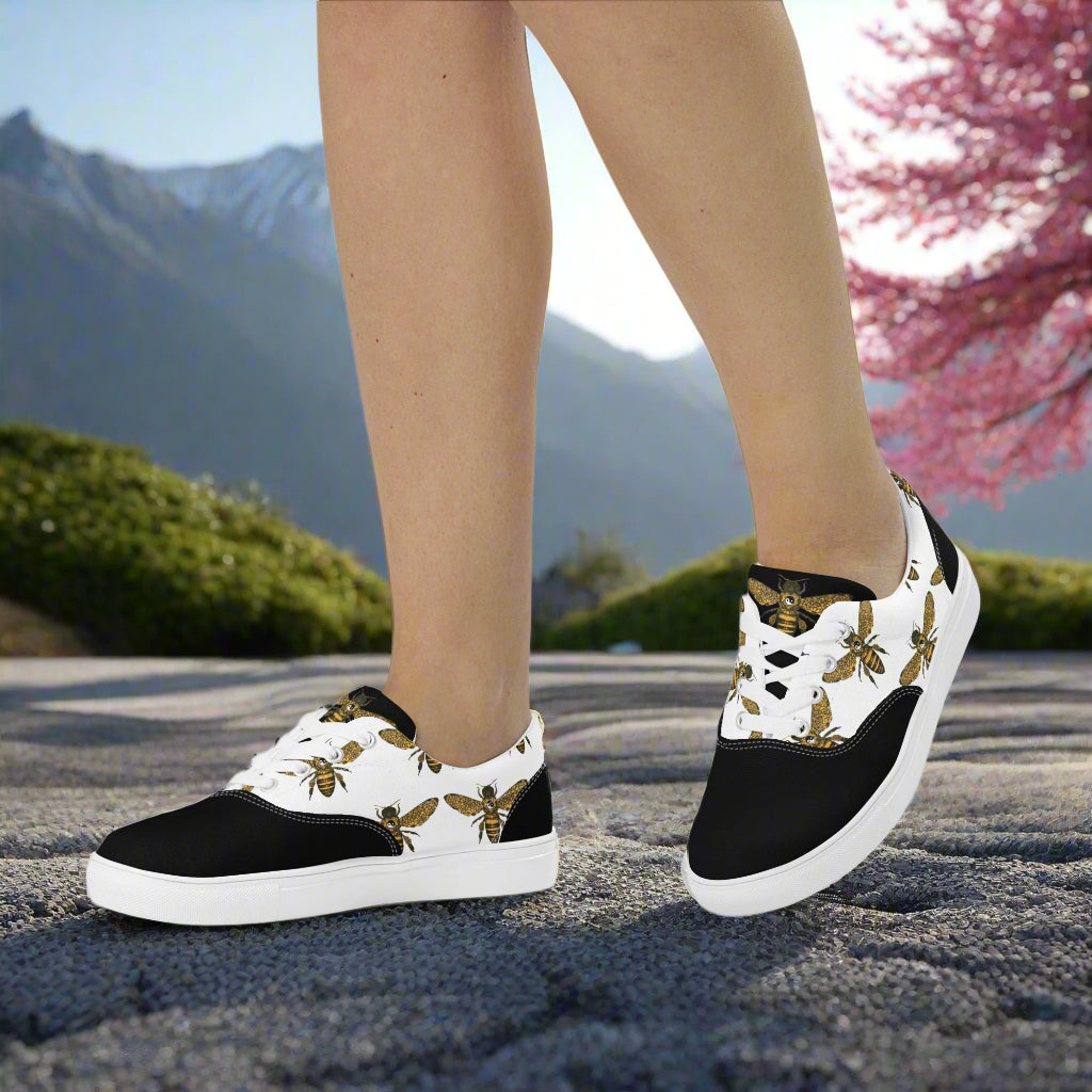 WildSage Market lace-up canvas shoes featuring a bee print two tone design with black and white colors