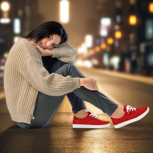 Women’s Custom Black and Red Lace-up Canvas Shoes Black Diamond Geometric Pattern