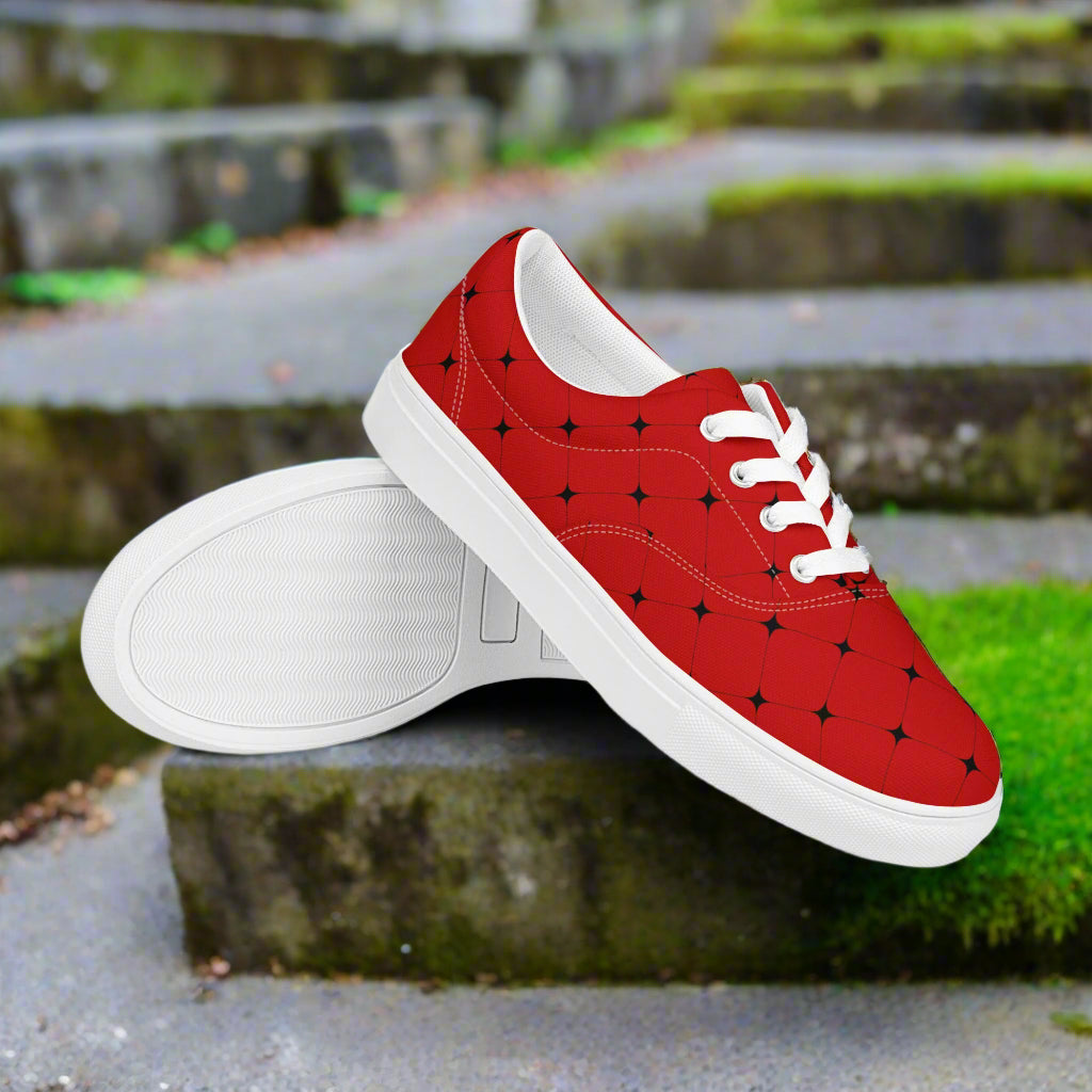 Women’s Custom Black and Red Lace-up Canvas Shoes Black Diamond Geometric Pattern