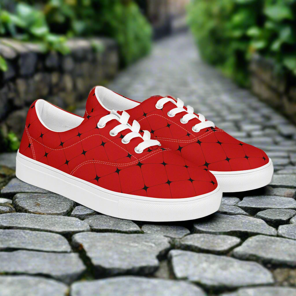 Women’s Custom Black and Red Lace-up Canvas Shoes Black Diamond Geometric Pattern