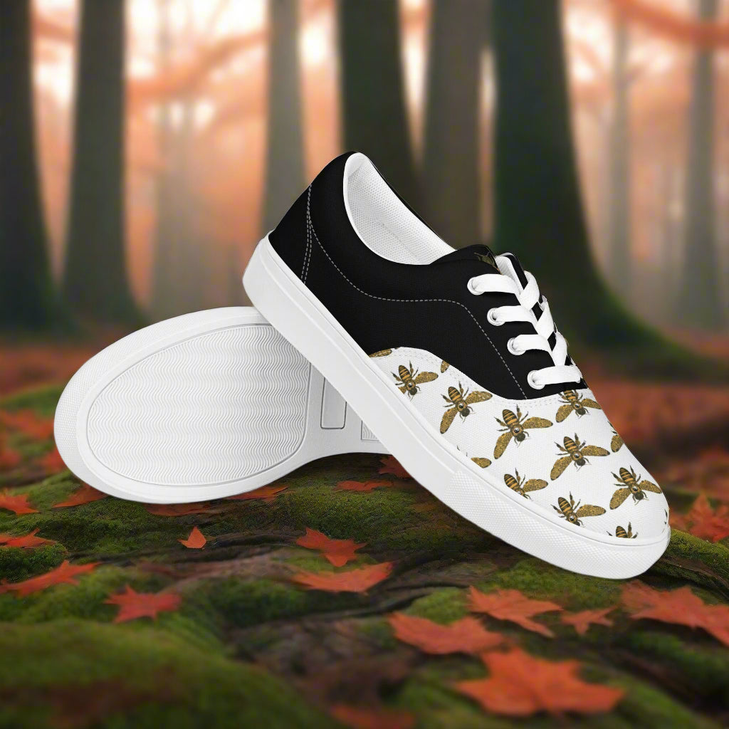 Custom Women's Two Tone Lace Up Shoes Animal Print White Canvas with Bee Pattern