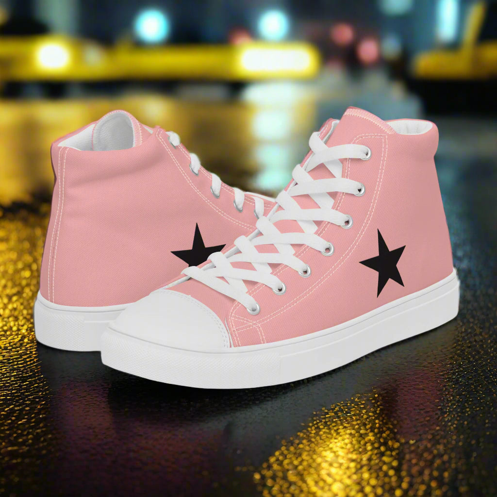 Womens pink high top sneakers with white laces and black star design on the side
