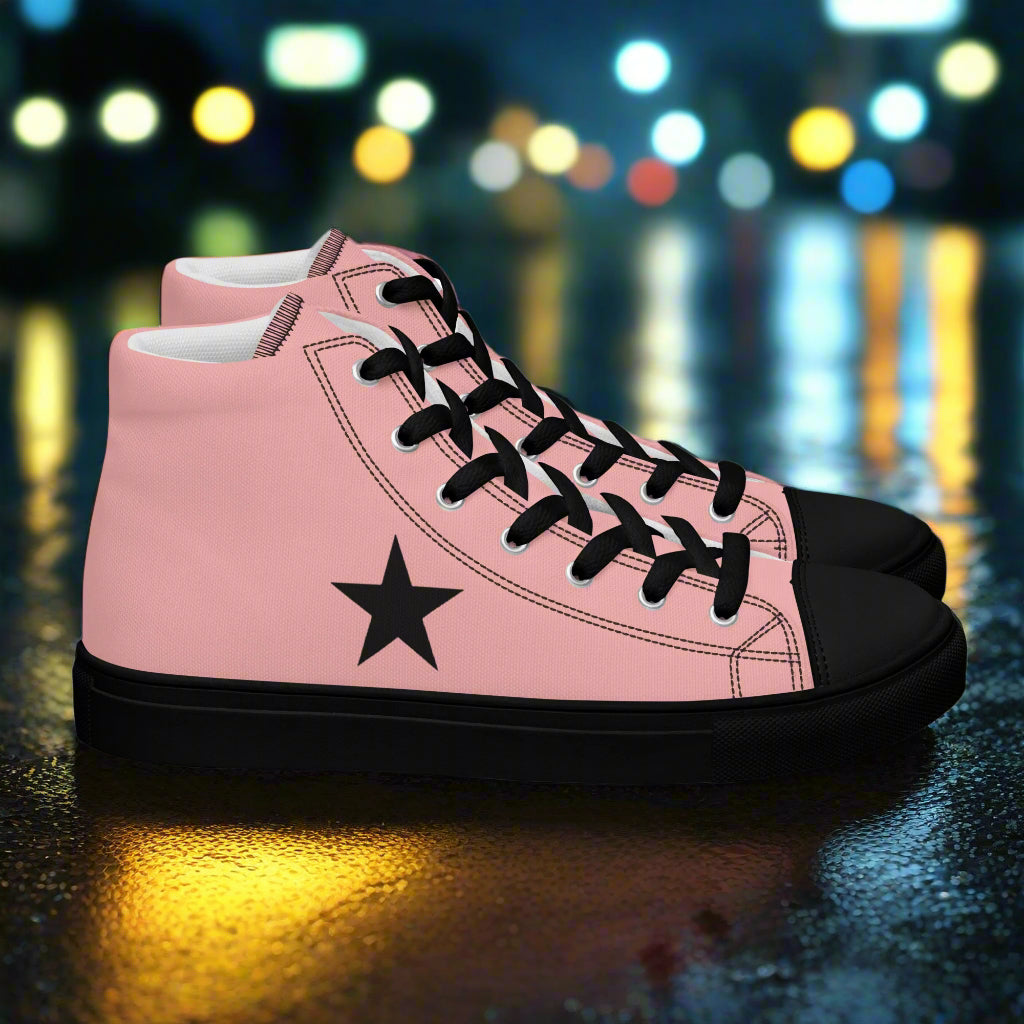 Womens pink high top sneakers with black laces and star design perfect for casual styling