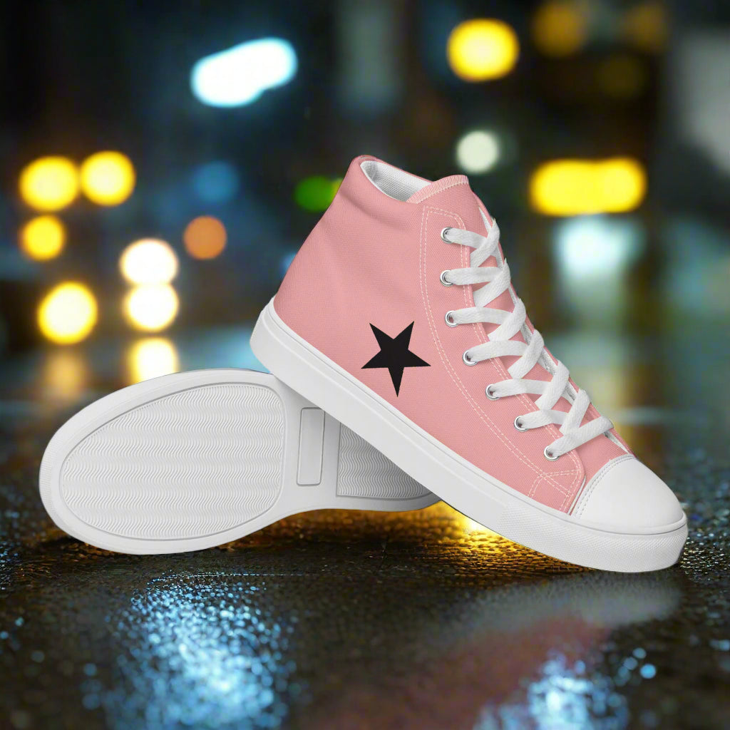 Womens pink high top sneakers featuring a star design and white soles for casual wear