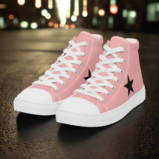Womens pink high top sneakers with black star design and white rubber toe cap for casual wear