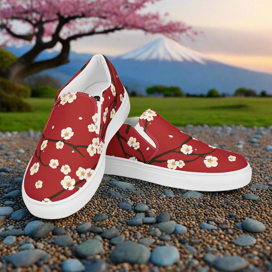 WildSage Market womens Red Blossom floral print slip on shoes with white blossoms and white soles