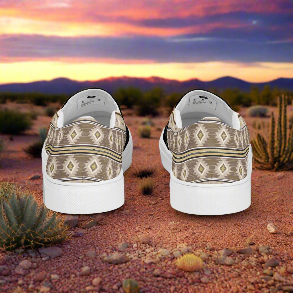 Women’s Southwest Print, Slip-on Canvas Shoes, Native American, Geometric Pattern, Kewa Two-Tone