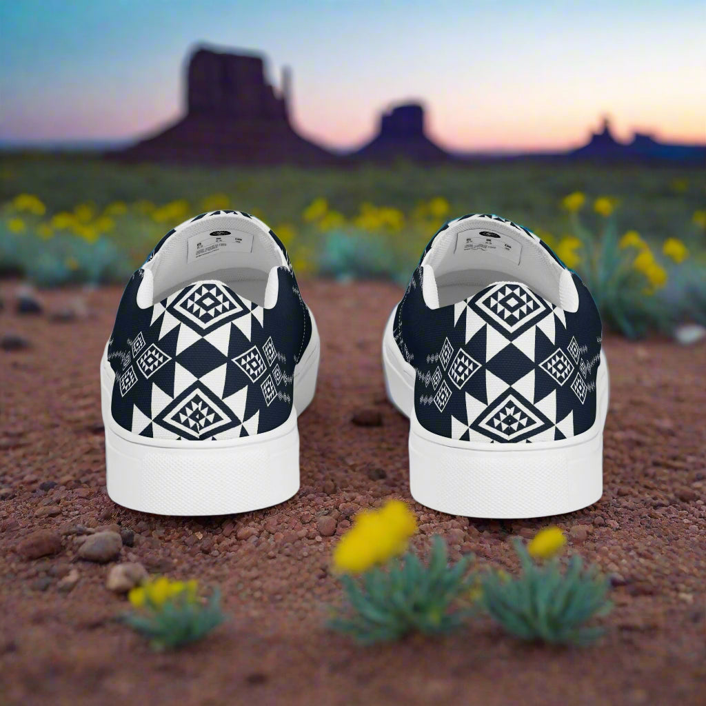 Women’s Southwest Print, Custom Slip-on Canvas Shoes, Native American Geometric Pattern, Black, White and Gray