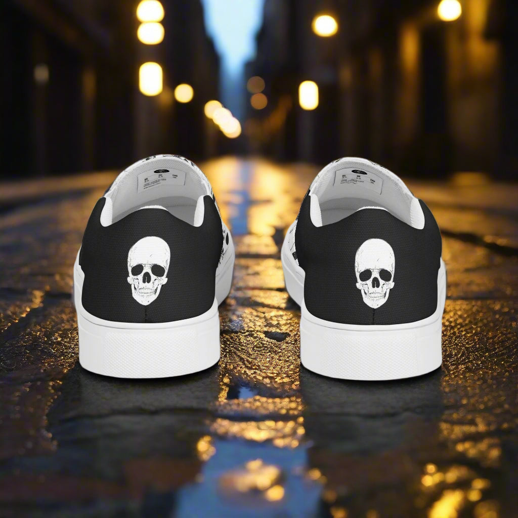 Women’s Custom Streetwear Style Designer Slip-On Canvas Sneakers, White With Black Line Skulls Halftone