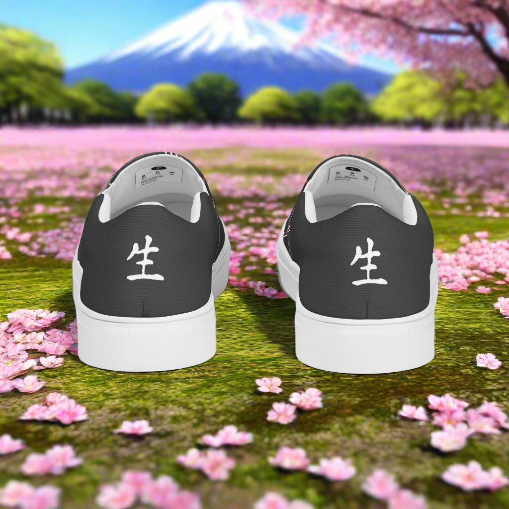Women’s Custom Slip-on Canvas Shoes, Black with White Cranes, Asian Animal Print, Two Tone Design