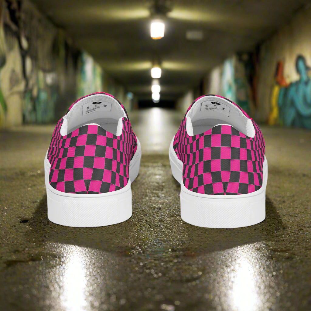 Women’s Custom Pink and Black Checkerboard Pattern Slip-On Canvas Sneakers