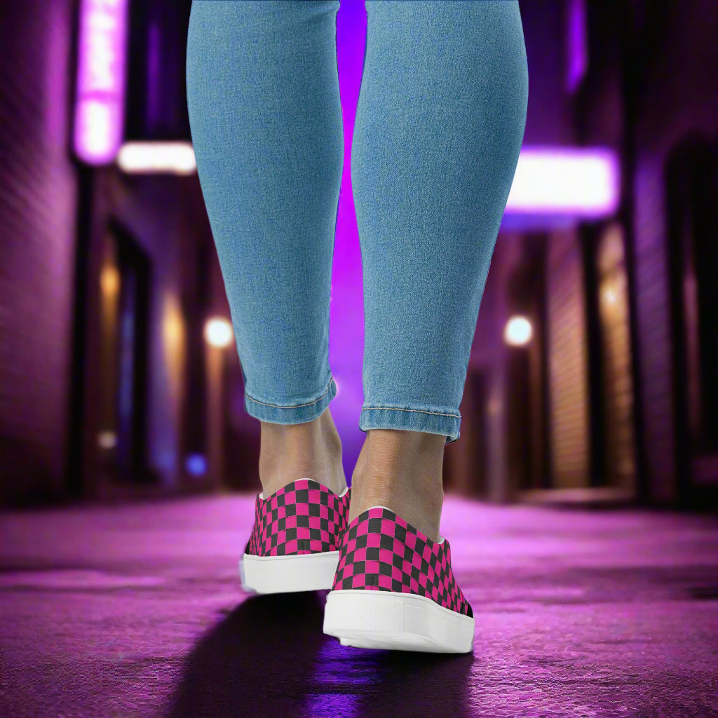 Women’s Slip-On Canvas Shoes Black and Pink Chex Two-Tone