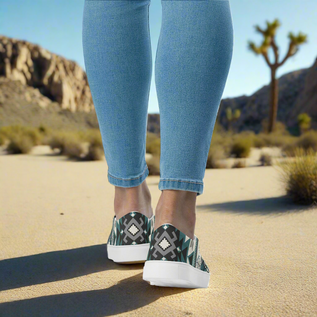 Women’s Southwest Print, Slip-on Canvas Shoes, Native American, Geometric Pattern, Green on White canvas