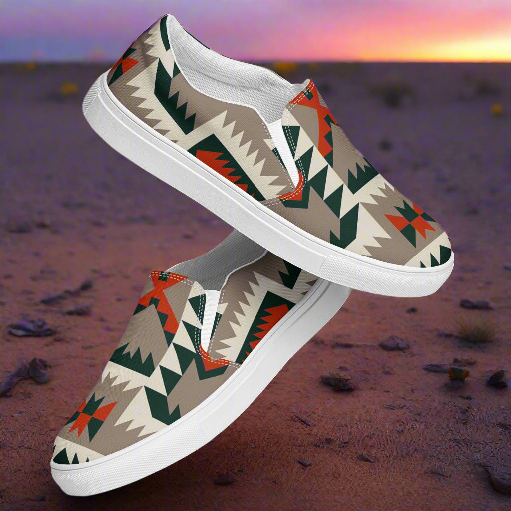 Women’s Southwest Print, Custom Slip-on Canvas Shoes, Native American Geometric Pattern, Big Mesa