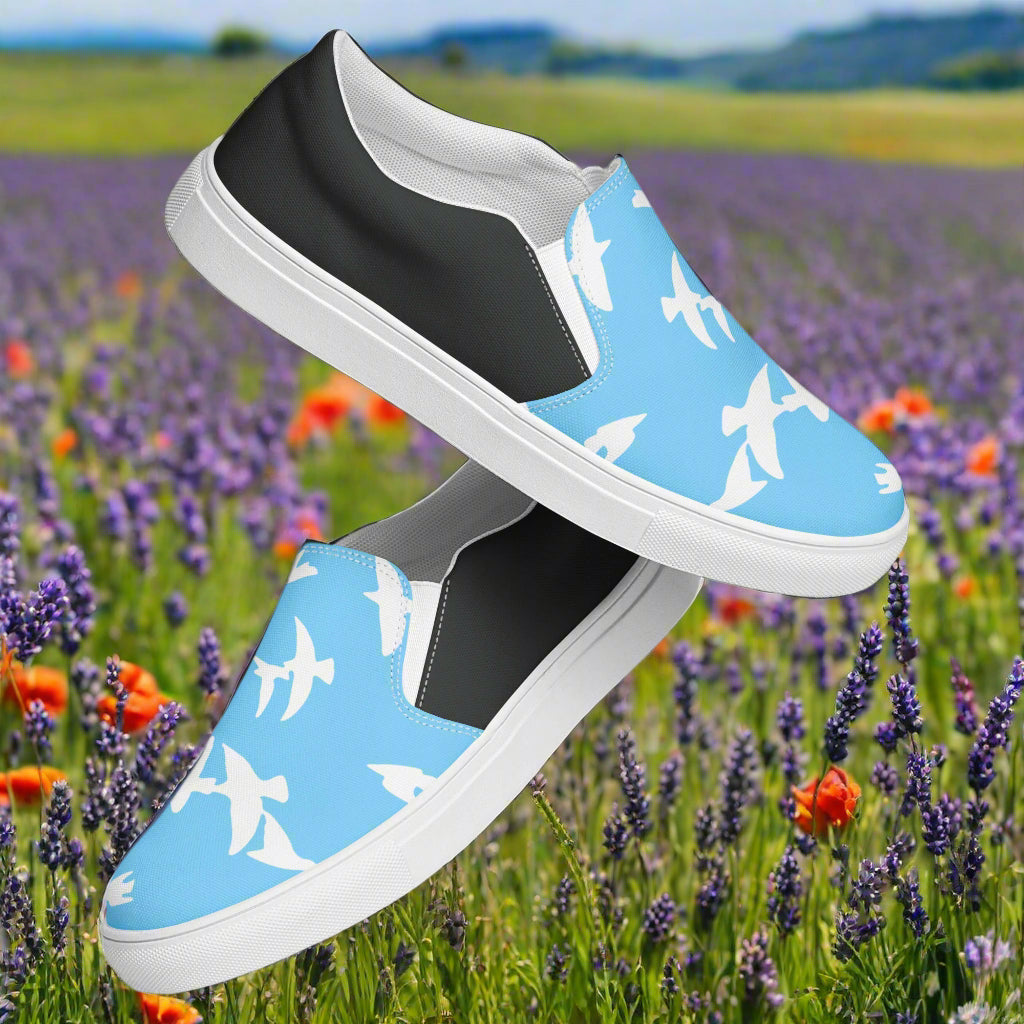 Women’s Custom, Slip-on Animal Print Canvas Shoes, Pastel Blue with White Birds Flying Two-Tone