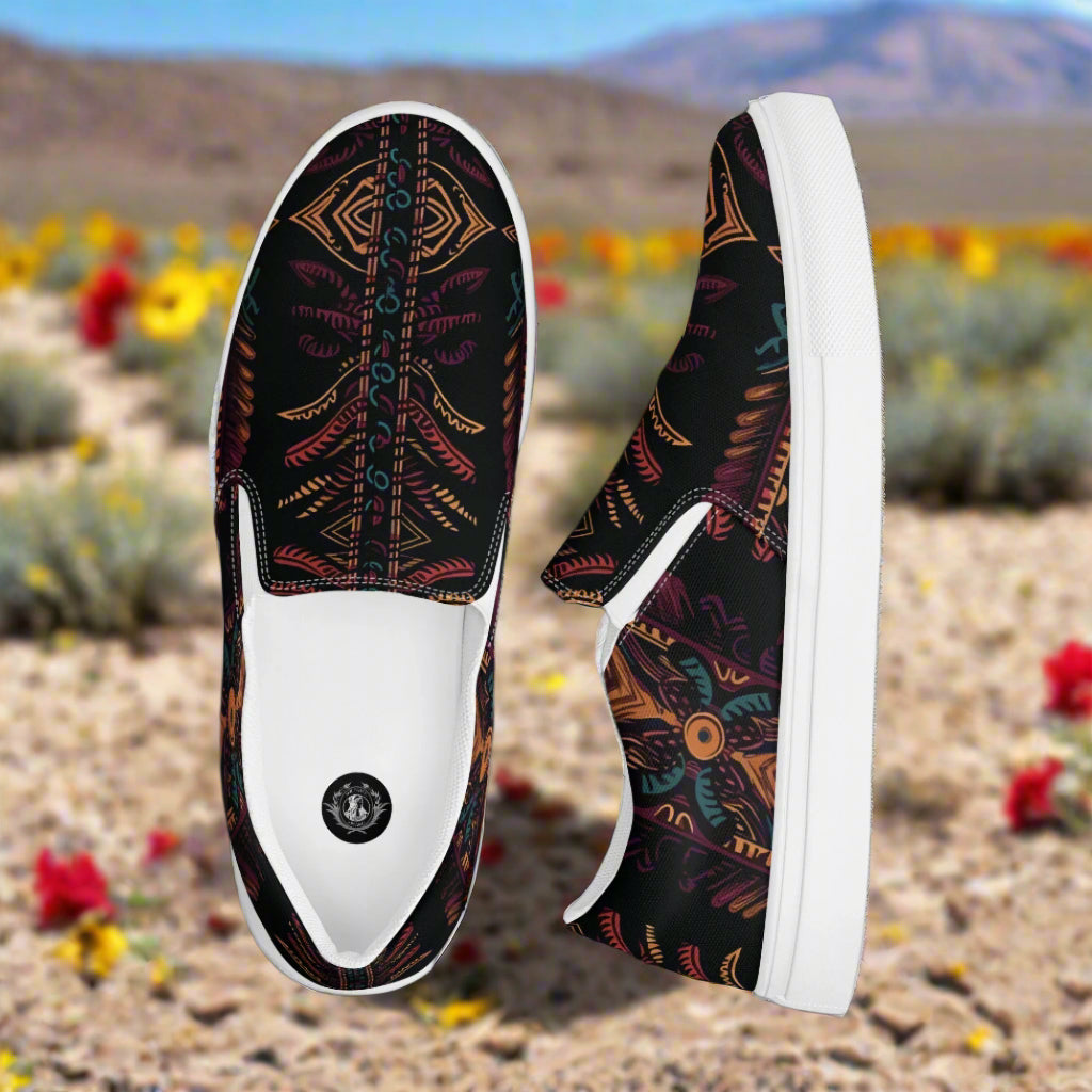 Women’s Southwest Print, Slip-on Canvas Shoes, Native American, Geometric Pattern, Iktomi