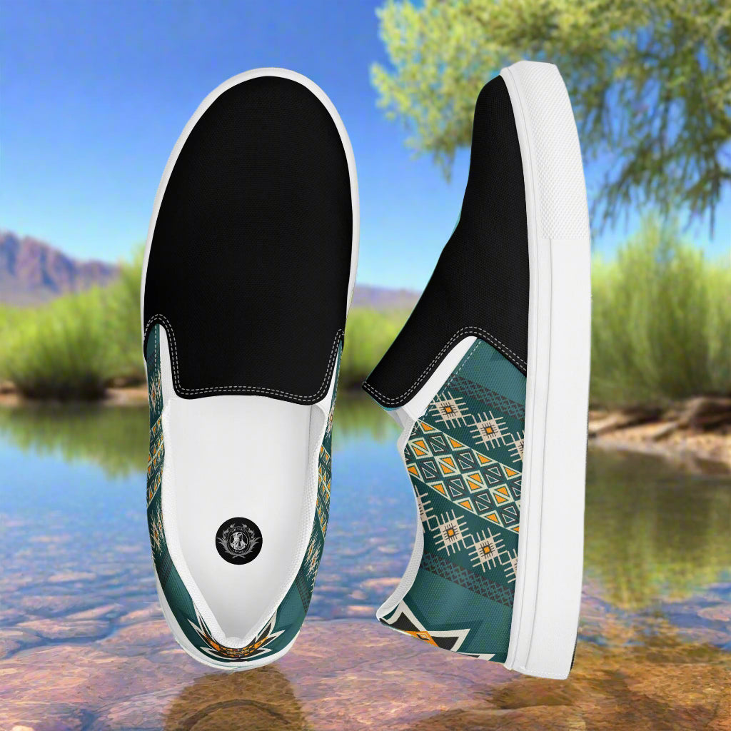 Women’s Southwest Print, Slip-on Canvas Shoes, Native American, Geometric Pattern, Kiva Two-Tone