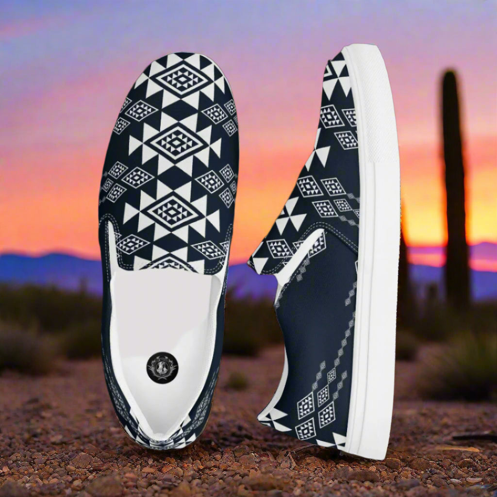 Women’s Southwest Print, Custom Slip-on Canvas Shoes, Native American Geometric Pattern, Black, White and Gray