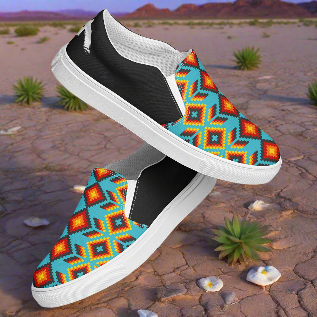 Women’s Southwest Print, Slip-on Canvas Shoes, Turquoise with Orange Native American, Geometric Pattern, Huichol, Halftone