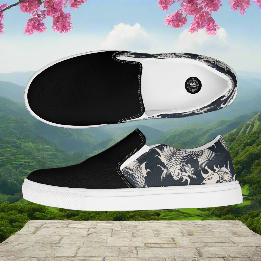 Women’s Designer, Slip-on Canvas Shoes, Black with White Koi Swimming, Asian Print, Two-Tone
