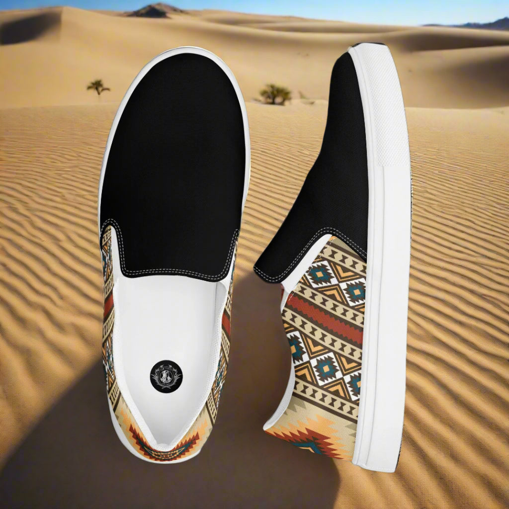Women’s Southwest Print, Slip-on Canvas Shoes, Native American, Geometric Pattern, Kayenta Two-Tone
