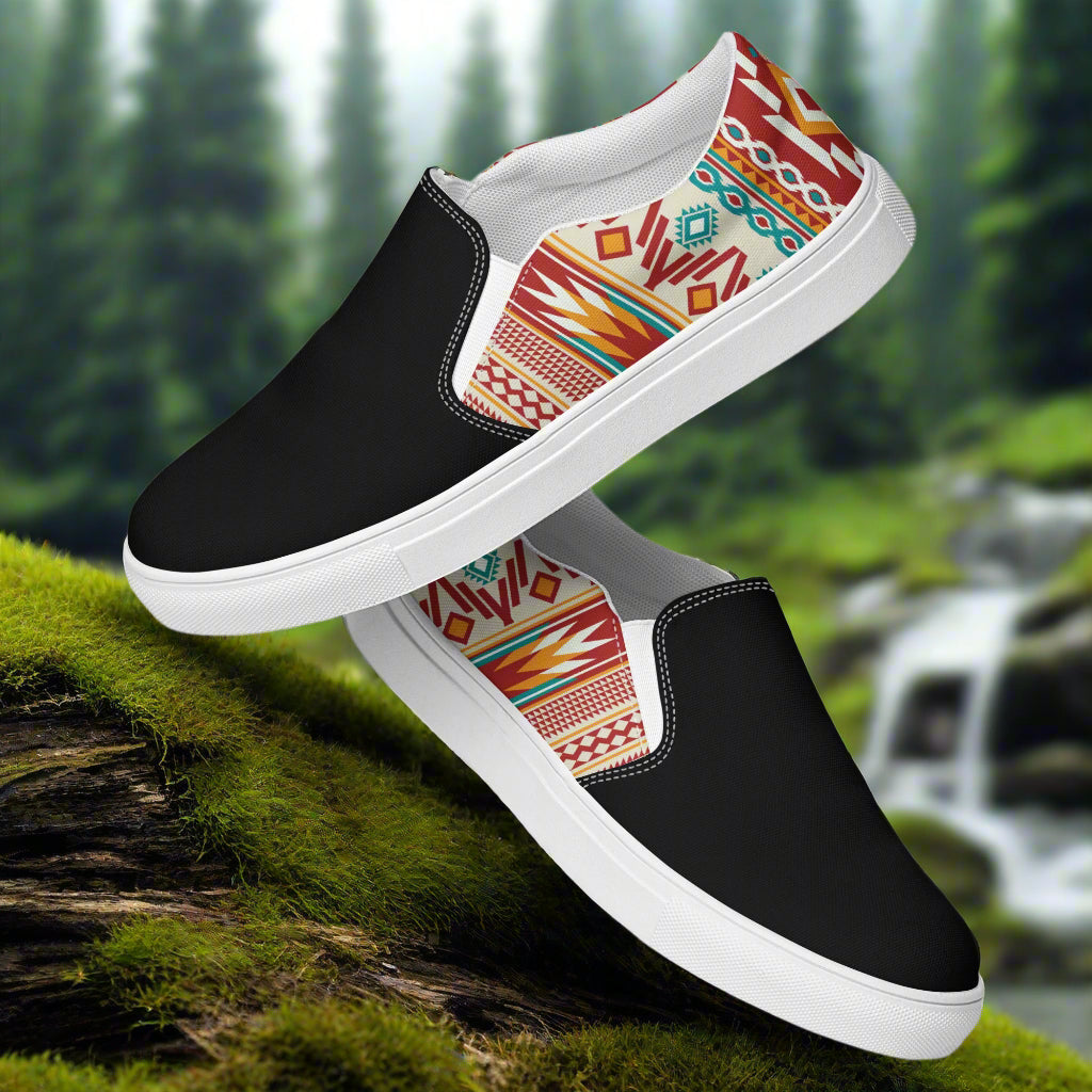 Women’s Southwest Print, Slip-on Canvas Shoes, Native American, Geometric Pattern, Nogales Two-Tone