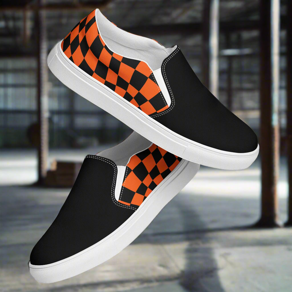 Women’s Custom Streetwear Style Designer Slip-On Canvas Sneakers, Orange and Black Checkered Two-Tone