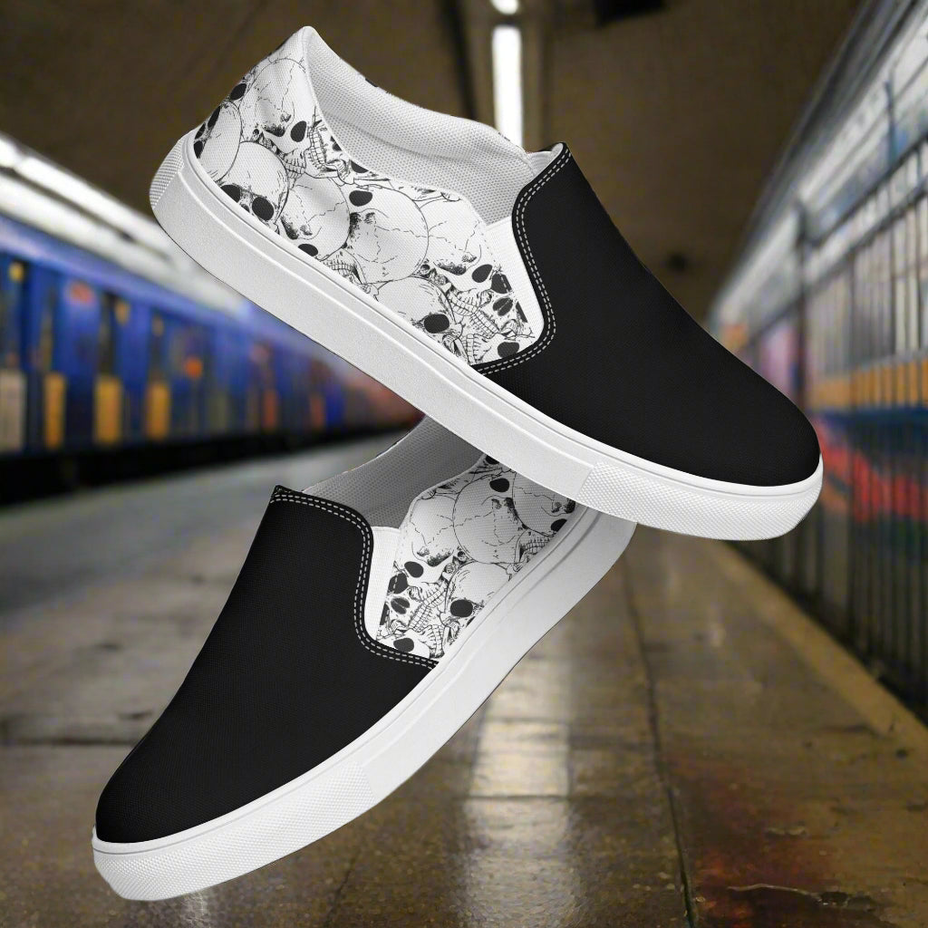 Women’s Custom Streetwear Style Designer Slip-On Canvas Sneakers, White Skulls, Two-Tone