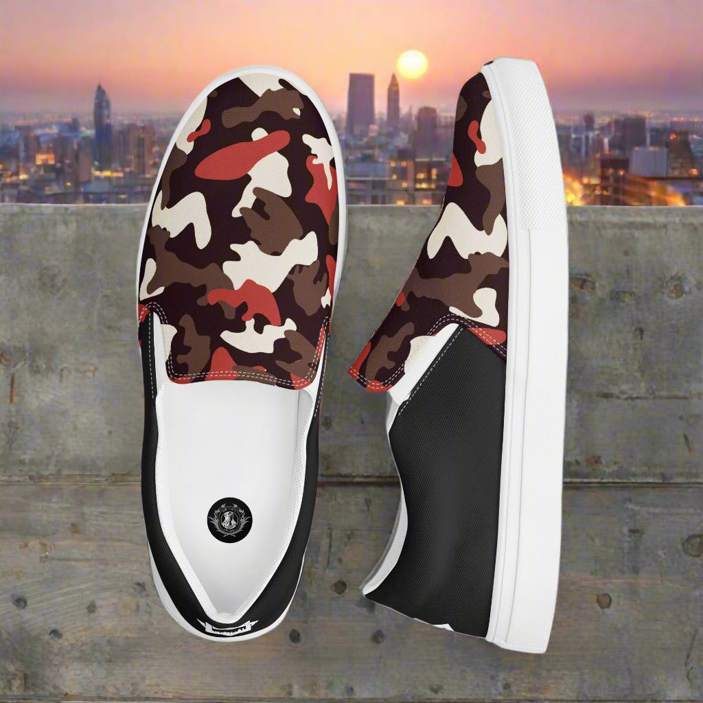 Women’s Custom Red Camo Print Slip-On Canvas Shoes - Halftone