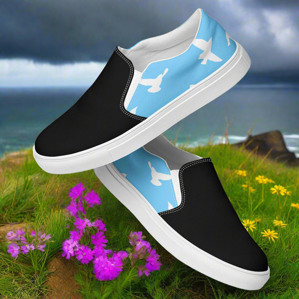 Women’s Bespoke, Slip-on Animal Print Canvas Shoes, Pastel Blue with White Birds Flying Two-Tone