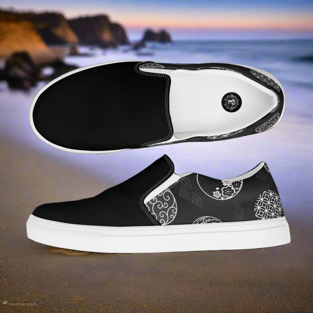 Women’s Custom Asian Print, Slip-on Canvas Shoes, Black with Japanese Traditional Crests, Two-Tone Pattern