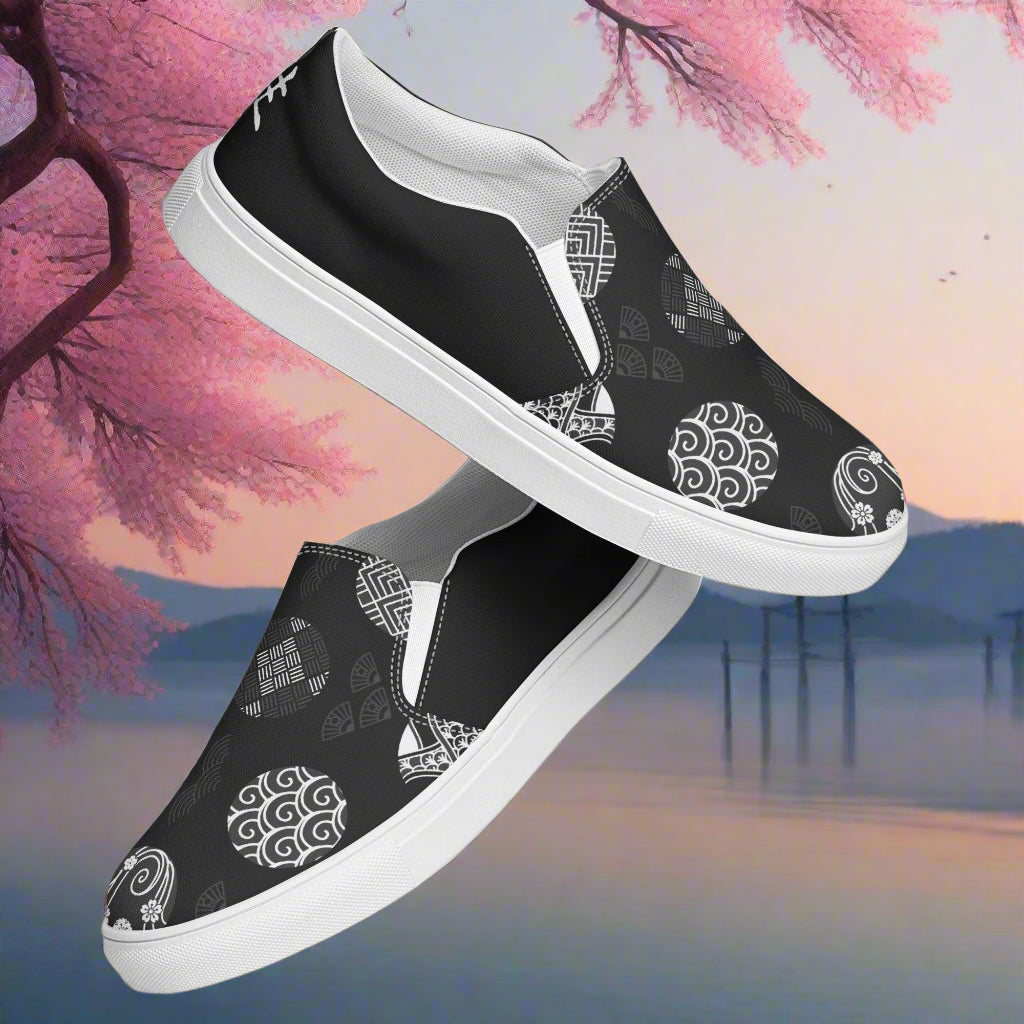 Women’s Custom Asian Print, Slip-on Canvas Shoes, Black with Japanese Seals, Two Tone Pattern