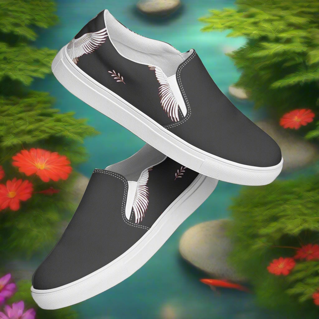 Women’s Custom Slip-on Canvas Shoes, Black with White Cranes, Asian Animal Print, Two-Tone