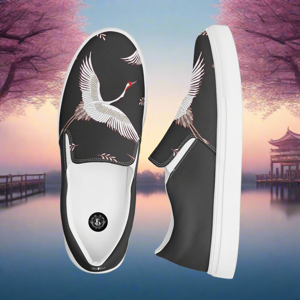 Women’s Custom Slip-on Canvas Shoes, Black with White Cranes, Asian Animal Print, Two Tone Design