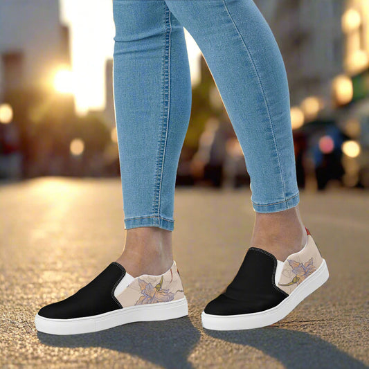 Women’s Custom, Floral Print, Slip-on Canvas Shoes, Purple and Pink Iris Flowers Two-Tone