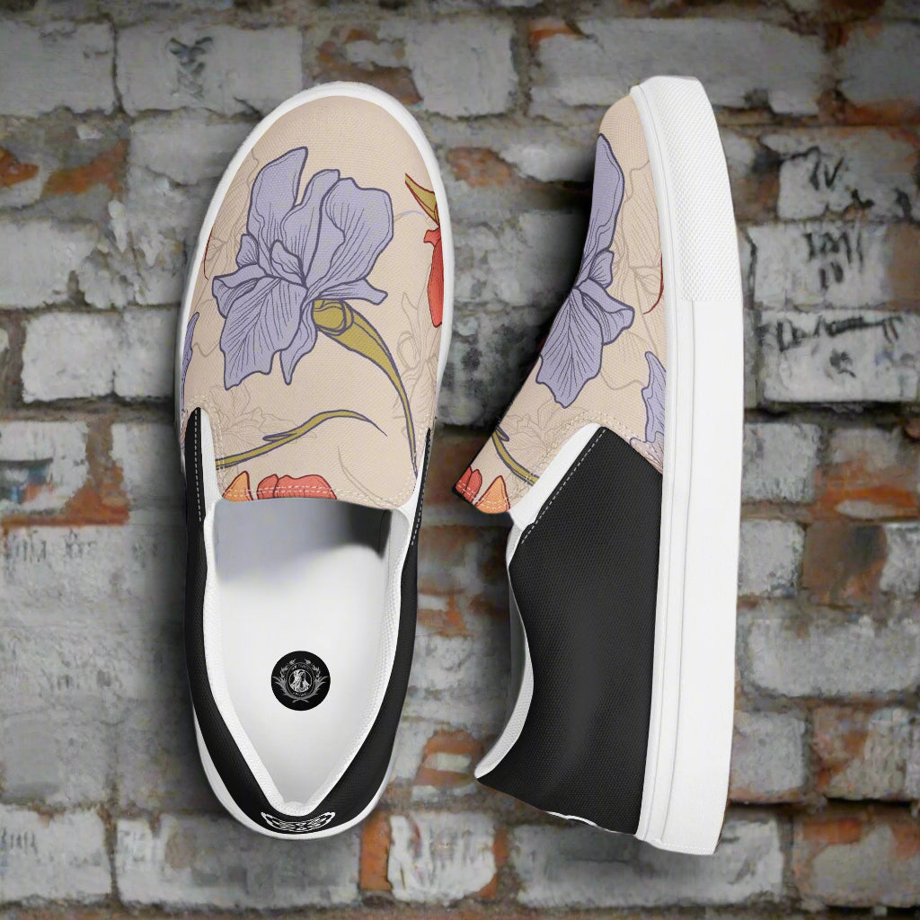Women’s Custom Slip-on Canvas Shoes, Floral Print Purple and Pink Iris Halftone