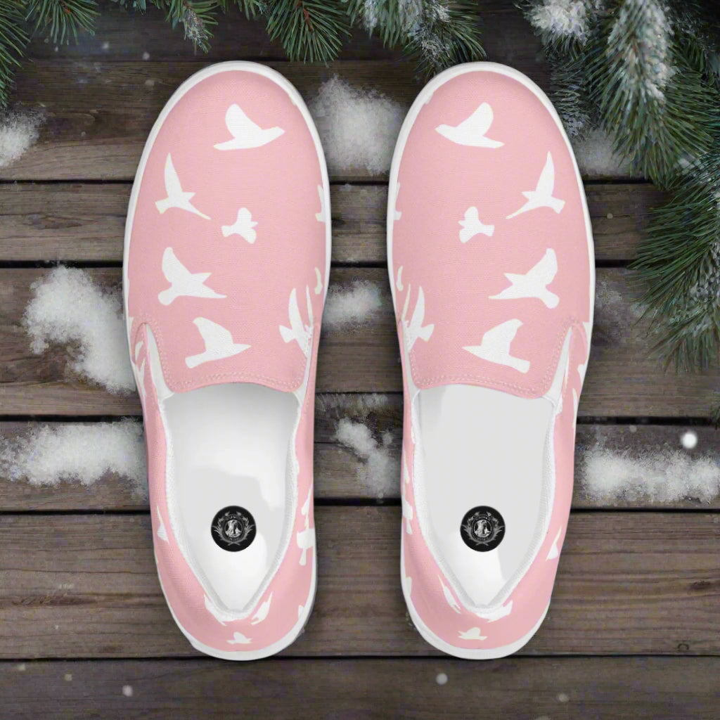 WildSage Women’s Custom Slip-on Canvas Shoes Animal Print White Birds Flying on Pink Background