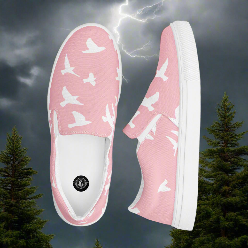 WildSage Women’s Custom Slip-on Canvas Shoes Animal Print White Birds Flying on Pink Background