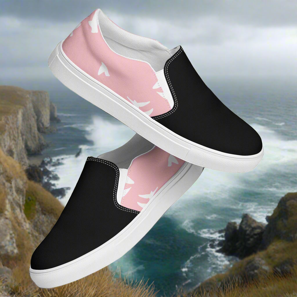 Women’s Custom, Slip-on Animal Print Canvas Shoes, Pastel Pink with White Birds Flying Two-Tone