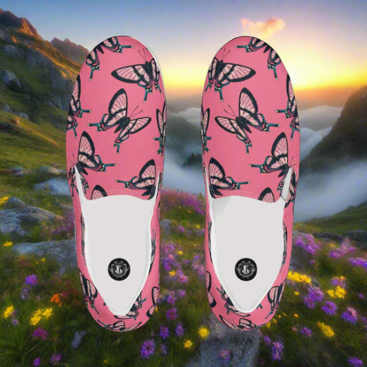 Women’s Custom Slip-on Canvas Shoes Pink & Black Butterfly Print