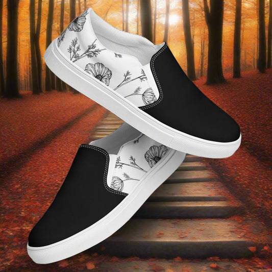 Women’s White Poppy Floral Print Slip-on Canvas Shoes Two-Tone