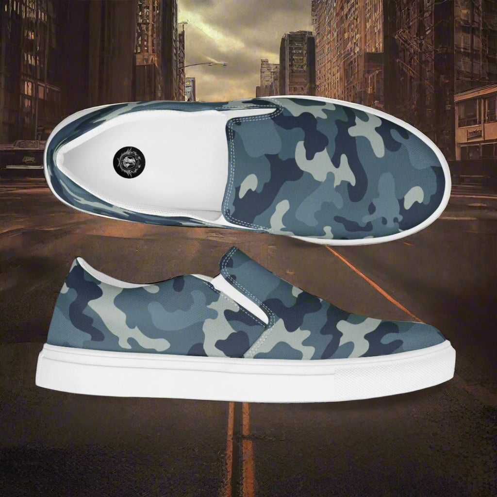 Women’s Slip-On Canvas Shoes Blue Grey Camouflage Print
