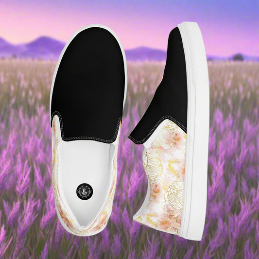 Women’s Custom Floral Print Slip-on Canvas Shoes Pink Peony Two-Tone